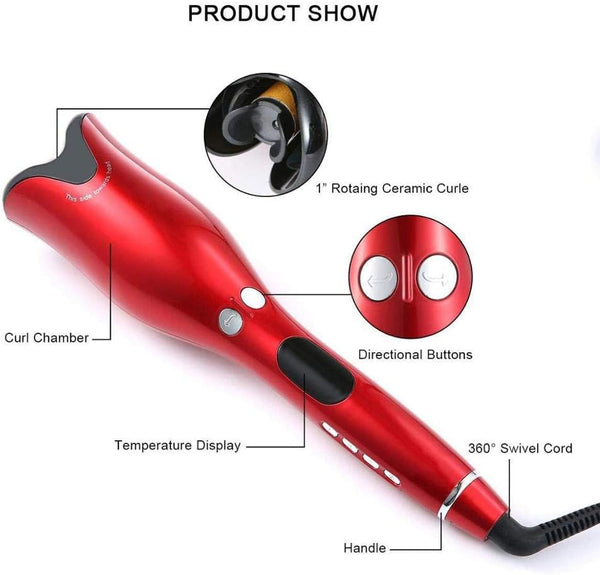 LCD Hair Curler 1 - Red, EU Plug, Automatic Spin & Curl Wand