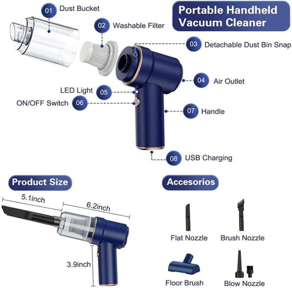 Cordless Car Vacuum & Air Duster: 9000PA suction, 2-in-1, with LED light. USB rechargeable, portable, and powerful.