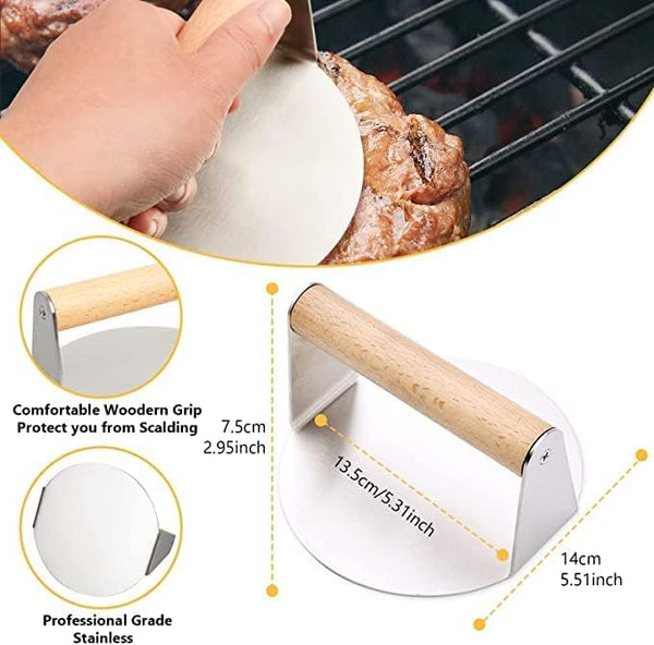 5.5 Inch Stainless Steel Smash Burger Press Kit with Wooden Handle