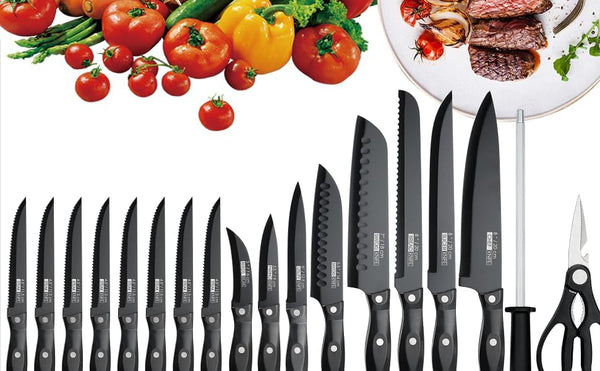 Kitchen Knife Set - 19 Piece with Block, Ultra Sharp Chef Knives, High Carbon Stainless Steel, Black
