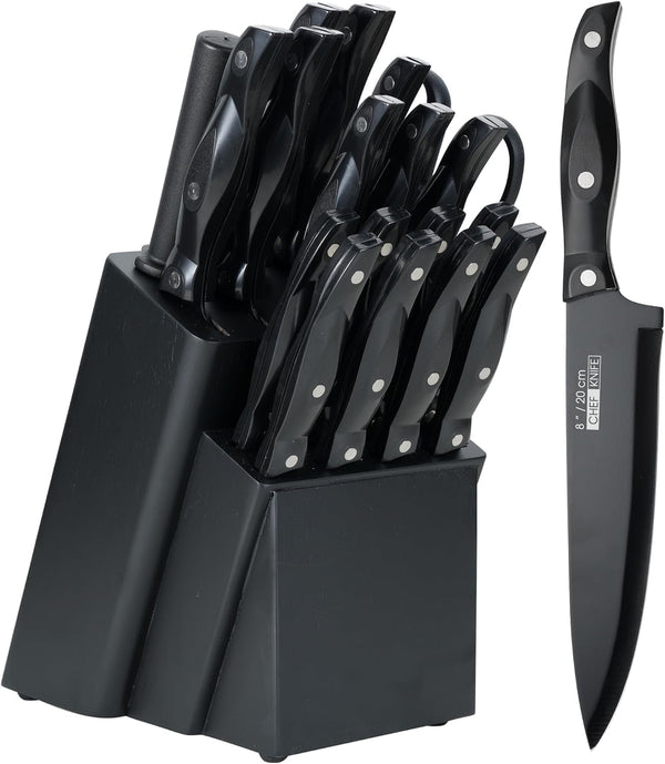 Kitchen Knife Set - 19 Piece with Block, Ultra Sharp Chef Knives, High Carbon Stainless Steel, Black