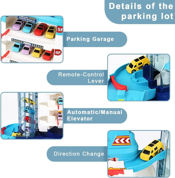 City Garage Playset - 5-Level Race Track, Toy Garage Parking Adventure with 8 Vehicles, Kids Playsets, 3-8 Years