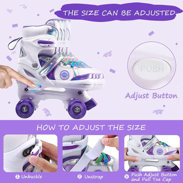 Kids Adjustable Roller Skates with Colorful Light-Up Wheels – Purple