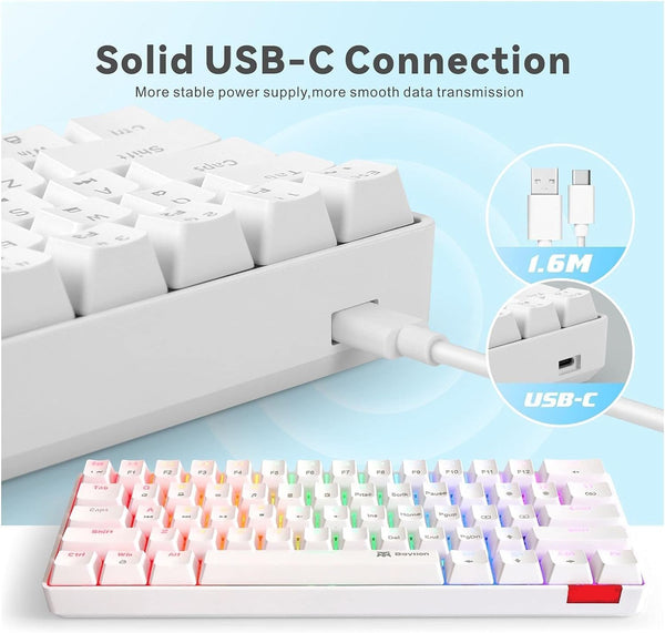 DUBKART 61-Key Mechanical Gaming Keyboard Compact, RGB Backlit with Blue Switches (White)