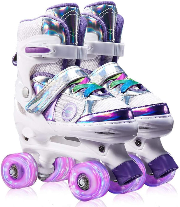 Kids Adjustable Roller Skates with Colorful Light-Up Wheels – Purple