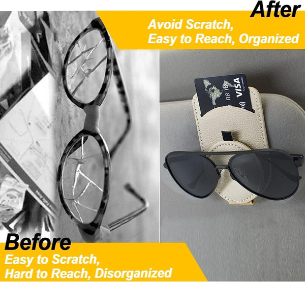 DUBKART Magnetic Leather Sunglass Holder for Car Visor (Beige)