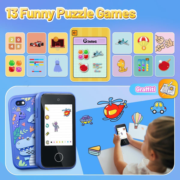 Kids Smart Phone Toys - Dual Camera, Learning Games, MP3 Player, Blue