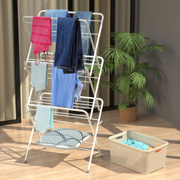 3-Tier Clothes Drying Stand - Foldable Rack, Stainless Steel Dryer, Indoor/Outdoor, White