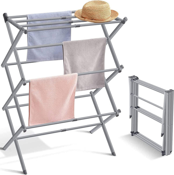 Expandable Foldable Clothes Drying Stand - Sturdy Rack for Air Drying Clothing, Indoor/Outdoor, Grey