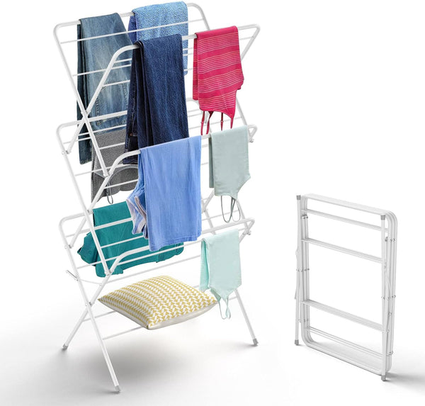 3-Tier Clothes Drying Stand - Foldable Rack, Stainless Steel Dryer, Indoor/Outdoor, White