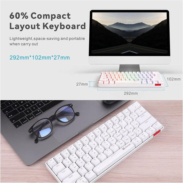 DUBKART 61-Key Mechanical Gaming Keyboard Compact, RGB Backlit with Blue Switches (White)
