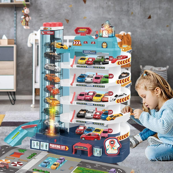 City Garage Playset - 5-Level Race Track, Toy Garage Parking Adventure with 8 Vehicles, Kids Playsets, 3-8 Years