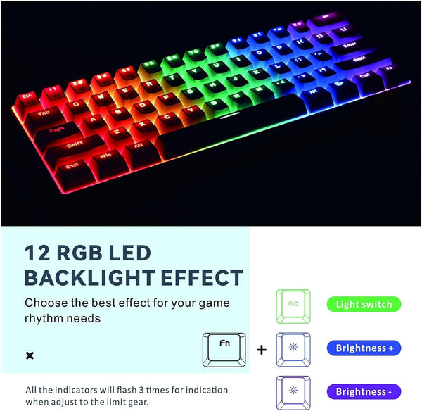 DUBKART 61-Key Mechanical Gaming Keyboard Compact, RGB Backlit with Blue Switches (White)