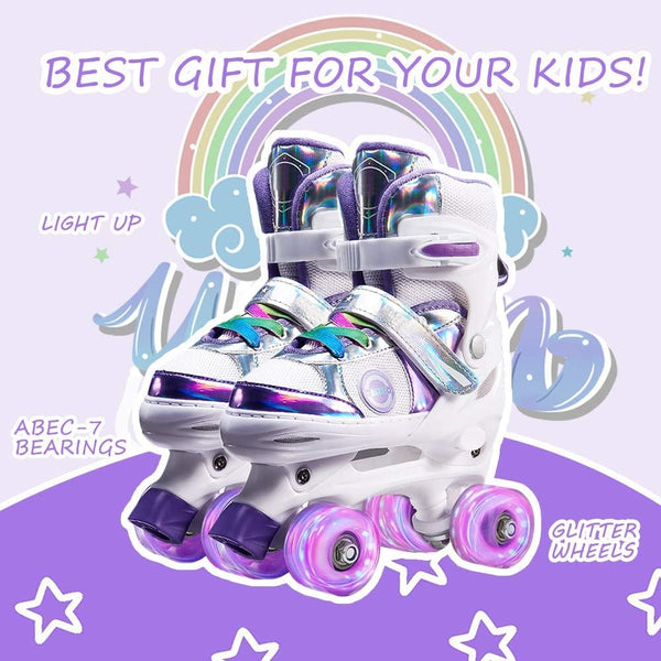 Kids Adjustable Roller Skates with Colorful Light-Up Wheels – Purple