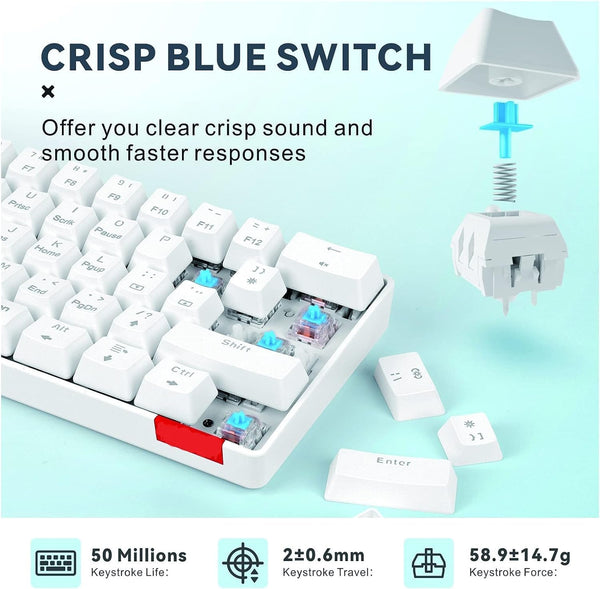 DUBKART 61-Key Mechanical Gaming Keyboard Compact, RGB Backlit with Blue Switches (White)