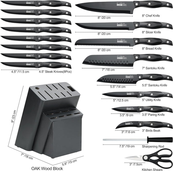 Kitchen Knife Set - 19 Piece with Block, Ultra Sharp Chef Knives, High Carbon Stainless Steel, Black