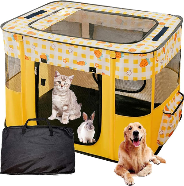 Foldable Pet Playpen - Portable Breeding Room, Collapsible Kennel Cage for Dogs, Cats, Rabbits, Puppies - Sturdy Tent, Large, Yellow