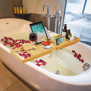 Dubkart Bathroom accessories Expandable Bamboo Bathtub Bathroom Caddy Tray