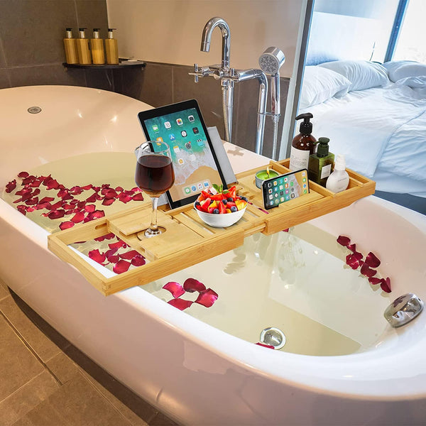 Dubkart Bathroom accessories Expandable Bamboo Bathtub Bathroom Caddy Tray