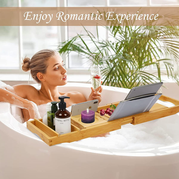 Dubkart Bathroom accessories Expandable Bamboo Bathtub Bathroom Caddy Tray