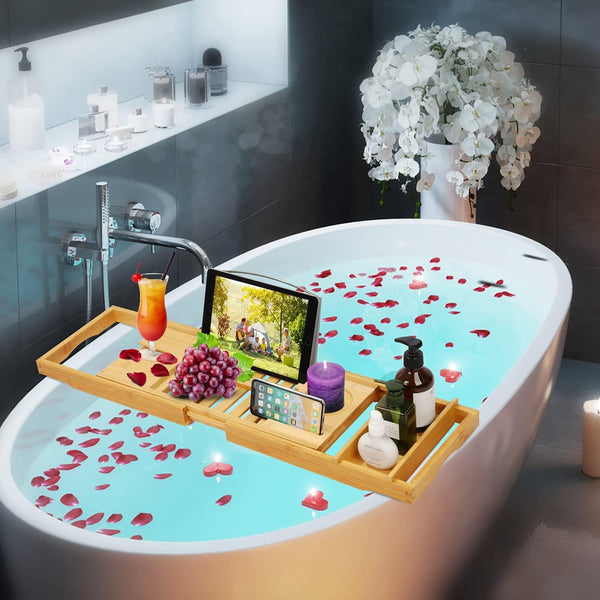 Dubkart Bathroom accessories Expandable Bamboo Bathtub Bathroom Caddy Tray