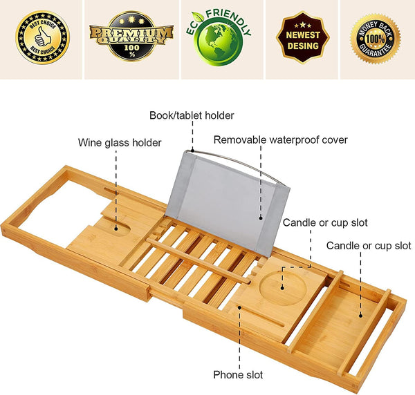Dubkart Bathroom accessories Expandable Bamboo Bathtub Bathroom Caddy Tray