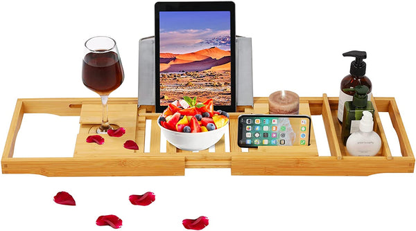 Dubkart Bathroom accessories Expandable Bamboo Bathtub Bathroom Caddy Tray