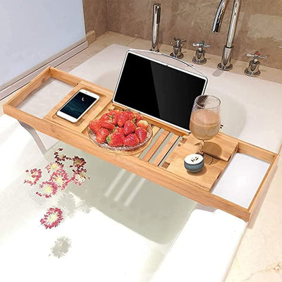 Dubkart Bathroom accessories Extendable Bamboo Bathtub Tray Table Caddy