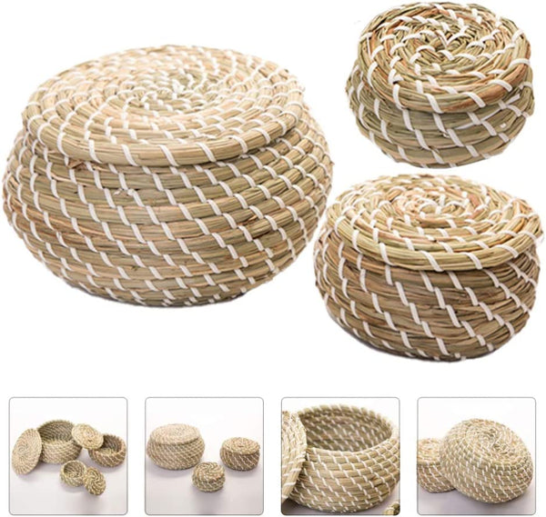 Dubkart Containers & Storage 3 PCS Mini Straw Basket Storage Set With Lid