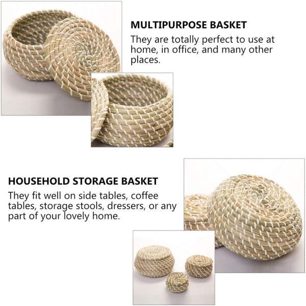 Dubkart Containers & Storage 3 PCS Mini Straw Basket Storage Set With Lid