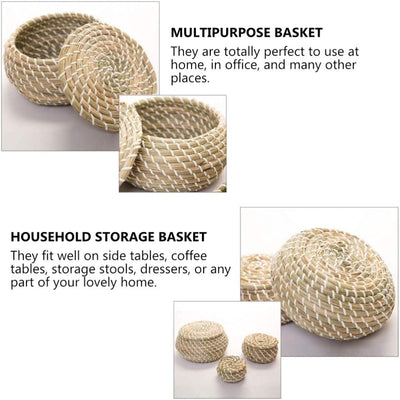 Dubkart Containers & Storage 3 PCS Mini Straw Basket Storage Set With Lid
