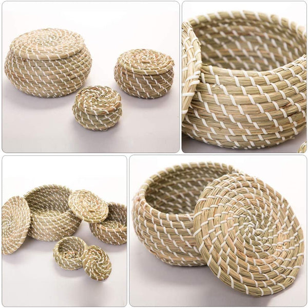 Dubkart Containers & Storage 3 PCS Mini Straw Basket Storage Set With Lid