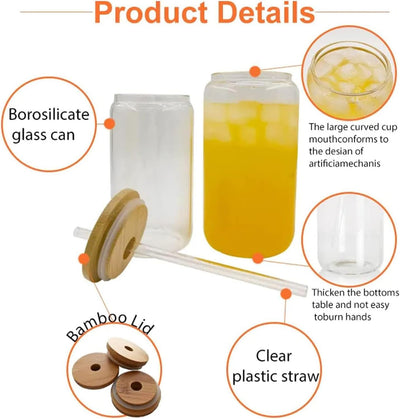 Dubkart Cups and glasses 2 PCS Beer Can Shaped Glasses Cups with Bamboo Lids & Glass Straw - Cocktails, Tea, Ice Coffee