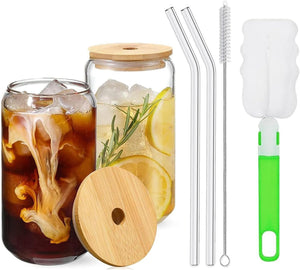 Dubkart Cups and glasses 2 PCS Beer Can Shaped Glasses Cups with Bamboo Lids & Glass Straw - Cocktails, Tea, Ice Coffee