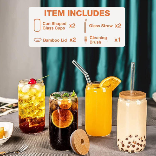 Dubkart Cups and glasses 2 PCS Beer Can Shaped Glasses Cups with Bamboo Lids & Glass Straw - Cocktails, Tea, Ice Coffee
