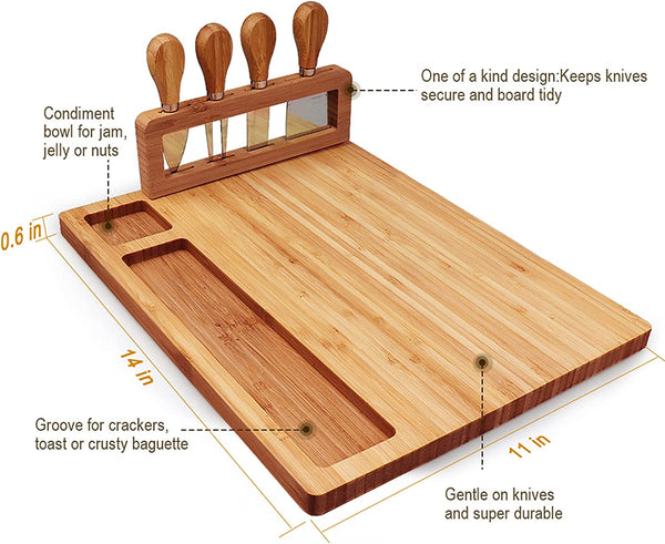 Dubkart Cutlery Bamboo Cheese Board Serving Tray & 4 Knives Set