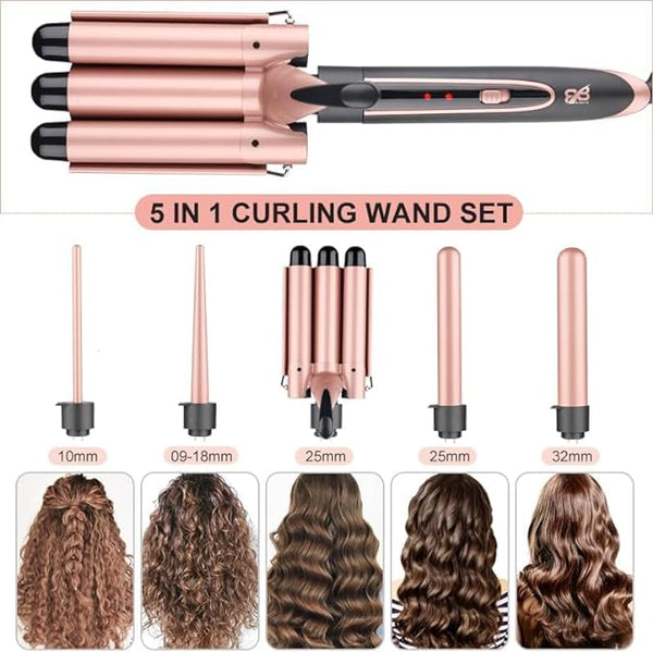 Dubkart DUBKART 5 in1 Hair Curling Wand Set - Hair Curler with 5 Interchangeable Ceramic Barrel (9,32mm) LED Temperature Adjustable Hair Curling Iron with Heat-Resistant Glove