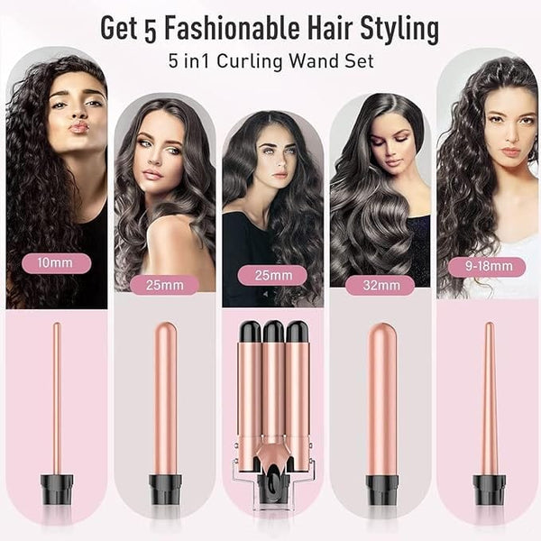 Dubkart DUBKART 5 in1 Hair Curling Wand Set - Hair Curler with 5 Interchangeable Ceramic Barrel (9,32mm) LED Temperature Adjustable Hair Curling Iron with Heat-Resistant Glove