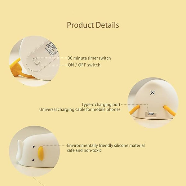 Dubkart DUBKART LED Lying Flat Duck Night Light, 3 Level Dimmable Nursery Nightlight,Warm Light, Silicone Rechargeable Nursery Nightlight Bedside Touch Lamp for Breastfeeding, Room Decor