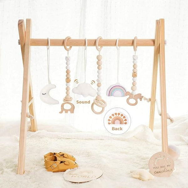Dubkart DUBKART Wooden Baby Gym with 6 Hanging Toys Foldable Baby Play Gym Frame Activity Gym Hanging Bar Newborn Gift Baby Girl and Boy Gym，Baby Toys for Perfect 0-1.5 Years Baby