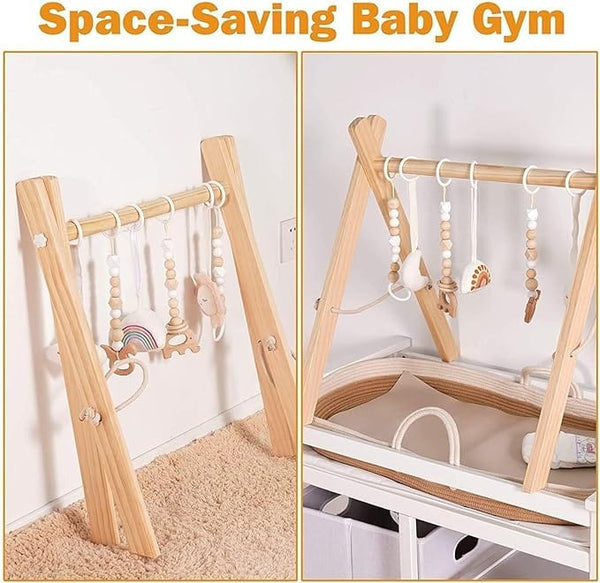 Dubkart DUBKART Wooden Baby Gym with 6 Hanging Toys Foldable Baby Play Gym Frame Activity Gym Hanging Bar Newborn Gift Baby Girl and Boy Gym，Baby Toys for Perfect 0-1.5 Years Baby
