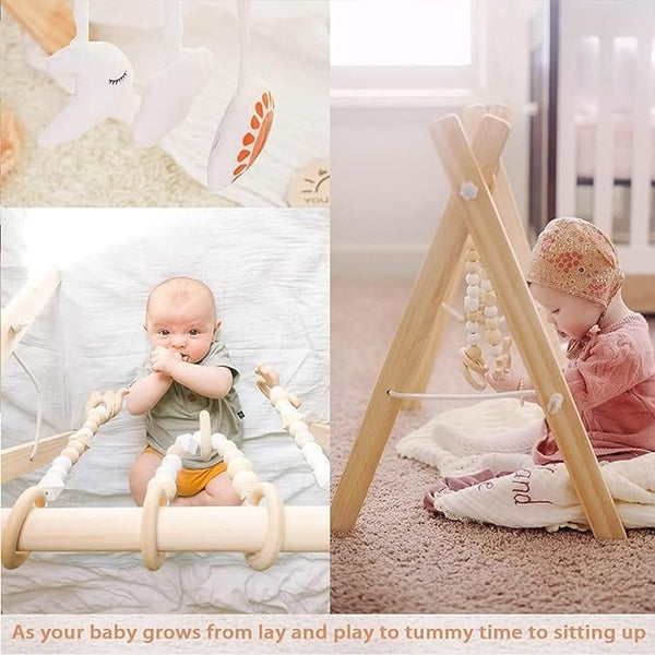 Dubkart DUBKART Wooden Baby Gym with 6 Hanging Toys Foldable Baby Play Gym Frame Activity Gym Hanging Bar Newborn Gift Baby Girl and Boy Gym，Baby Toys for Perfect 0-1.5 Years Baby
