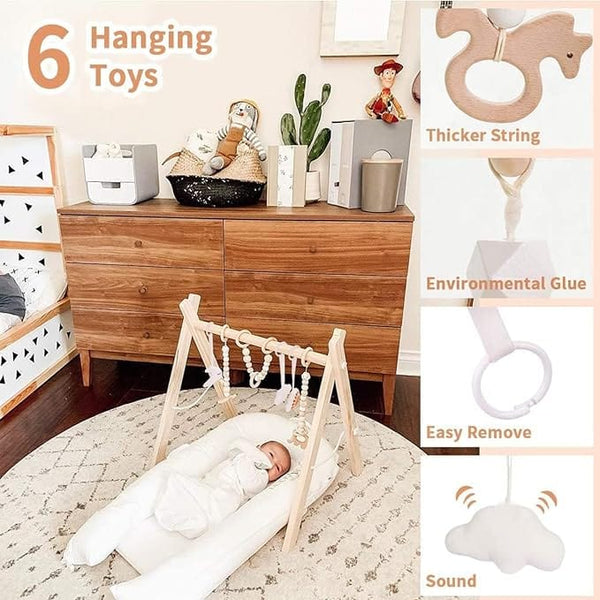 Dubkart DUBKART Wooden Baby Gym with 6 Hanging Toys Foldable Baby Play Gym Frame Activity Gym Hanging Bar Newborn Gift Baby Girl and Boy Gym，Baby Toys for Perfect 0-1.5 Years Baby