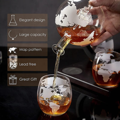 Dubkart Earth Globe Whiskey Decanter Set with 4 Etched Glasses