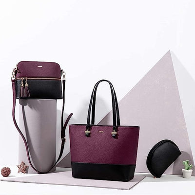 Dubkart Handbags 3 PCS Women's Tote Handbag Set (Purple and Black)