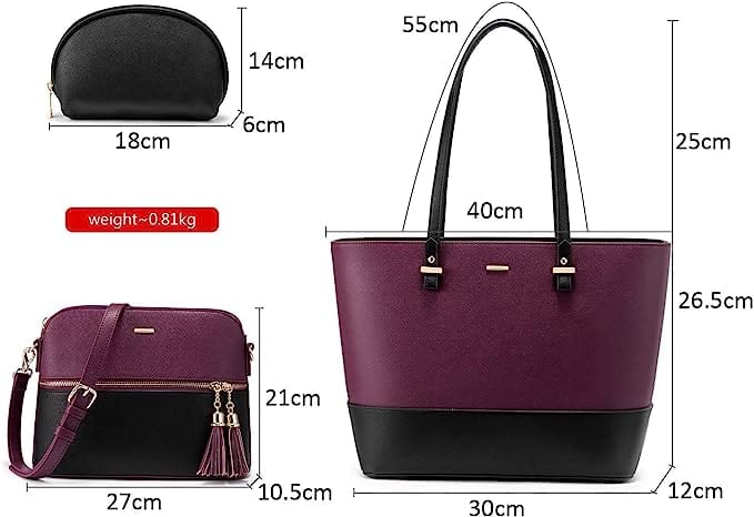 Dubkart Handbags 3 PCS Women's Tote Handbag Set (Purple and Black)