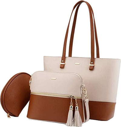 Dubkart Handbags 3 PCS Women's Tote Handbag Set (White and Brown)