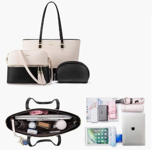 Dubkart Handbags 3PCS Women's Tote Hand Shoulder Bag Set Wallet Purse (Beige & Black)