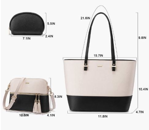 Dubkart Handbags 3PCS Women's Tote Hand Shoulder Bag Set Wallet Purse (Beige & Black)