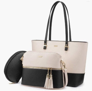 Dubkart Handbags 3PCS Women's Tote Hand Shoulder Bag Set Wallet Purse (Beige & Black)